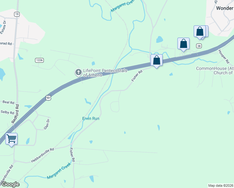 map of restaurants, bars, coffee shops, grocery stores, and more near 5911 University Heights Drive in Athens