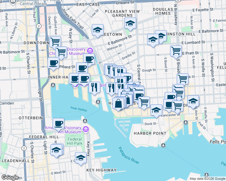 map of restaurants, bars, coffee shops, grocery stores, and more near Eastern Ave & S President St in Baltimore