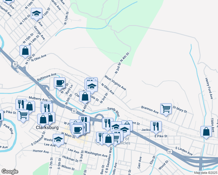 map of restaurants, bars, coffee shops, grocery stores, and more near 719 North Ohio Avenue in Clarksburg