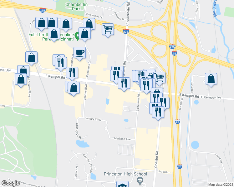 map of restaurants, bars, coffee shops, grocery stores, and more near 1333 East Kemper Road in Cincinnati