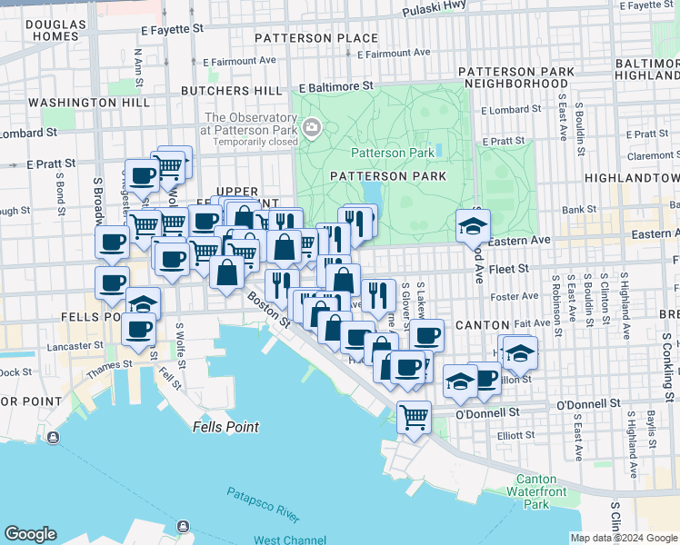 map of restaurants, bars, coffee shops, grocery stores, and more near 2414 Fleet Street in Baltimore