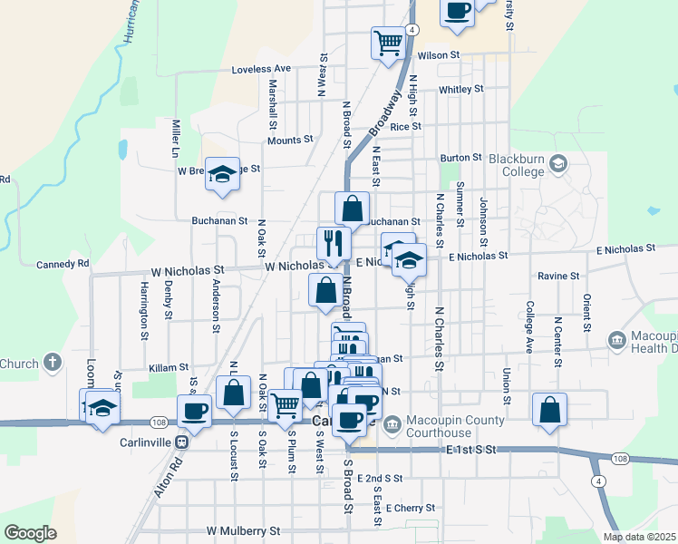 map of restaurants, bars, coffee shops, grocery stores, and more near 415-499 N Broad St in Carlinville