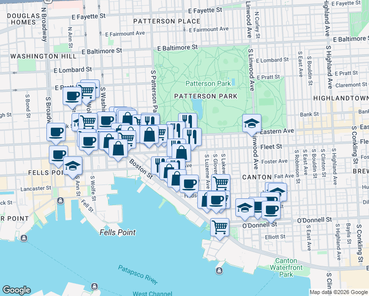 map of restaurants, bars, coffee shops, grocery stores, and more near 2428 Fleet Street in Baltimore