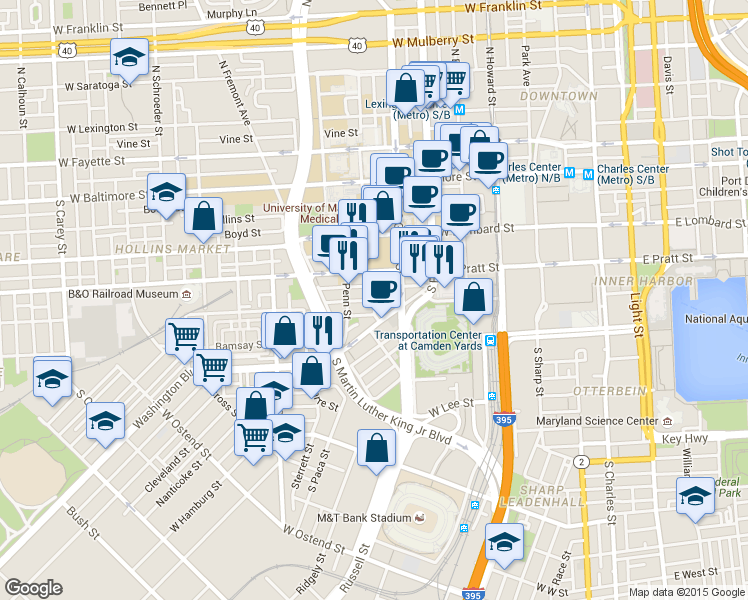 map of restaurants, bars, coffee shops, grocery stores, and more near Portland Street in Baltimore