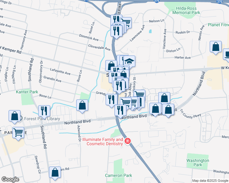 map of restaurants, bars, coffee shops, grocery stores, and more near 11525 Springfield Pike in Springdale
