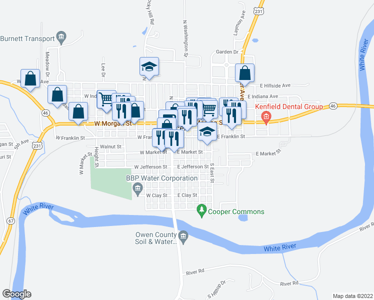 map of restaurants, bars, coffee shops, grocery stores, and more near 84 South Washington Street in Spencer