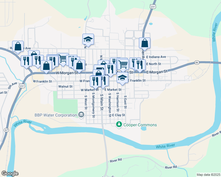 map of restaurants, bars, coffee shops, grocery stores, and more near 84 South Washington Street in Spencer