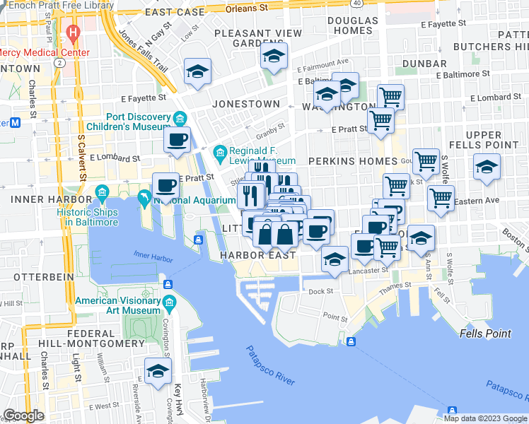 map of restaurants, bars, coffee shops, grocery stores, and more near Eastern Avenue & South High Street in Baltimore