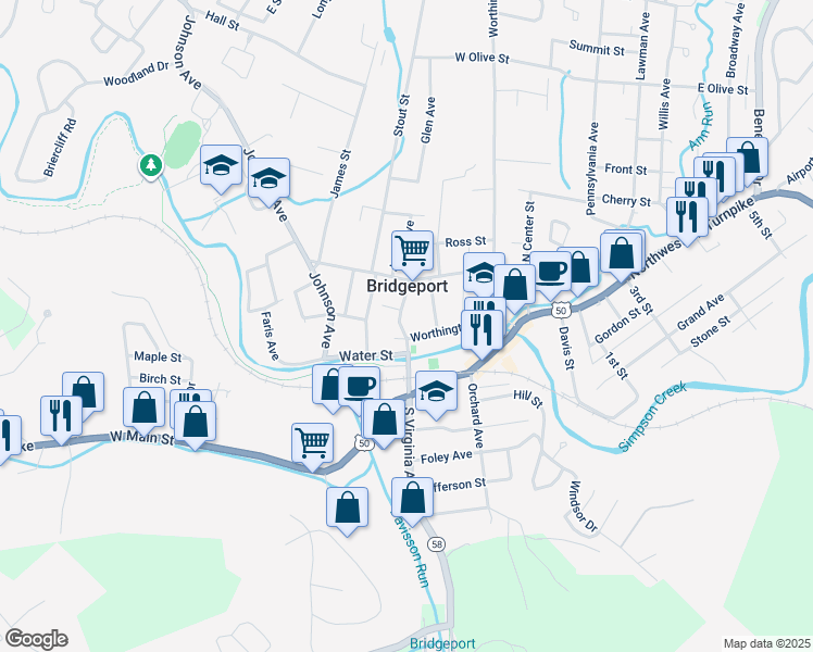 map of restaurants, bars, coffee shops, grocery stores, and more near 230 North Virginia Avenue in Bridgeport