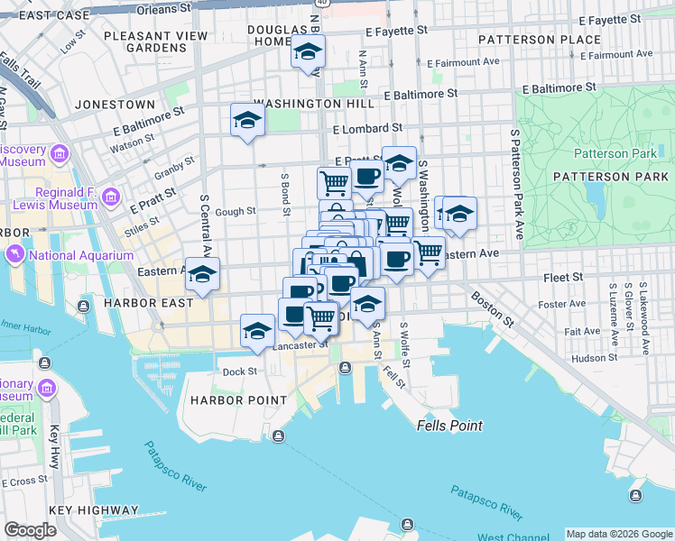 map of restaurants, bars, coffee shops, grocery stores, and more near 509 South Broadway in Baltimore