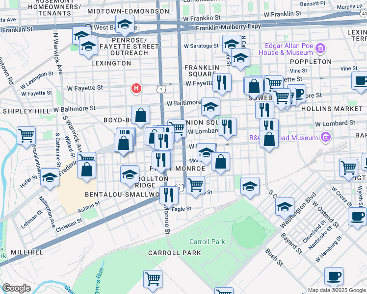 map of restaurants, bars, coffee shops, grocery stores, and more near West Pratt Street in Baltimore