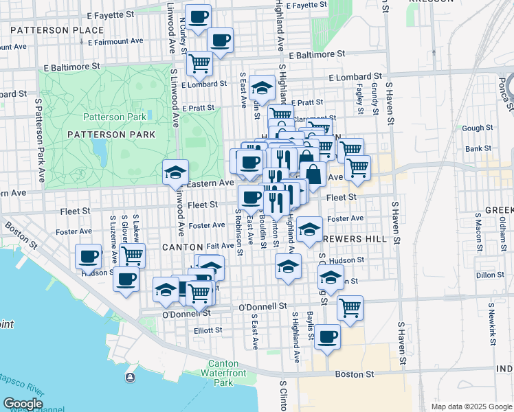 map of restaurants, bars, coffee shops, grocery stores, and more near 3215 Fleet Street in Baltimore