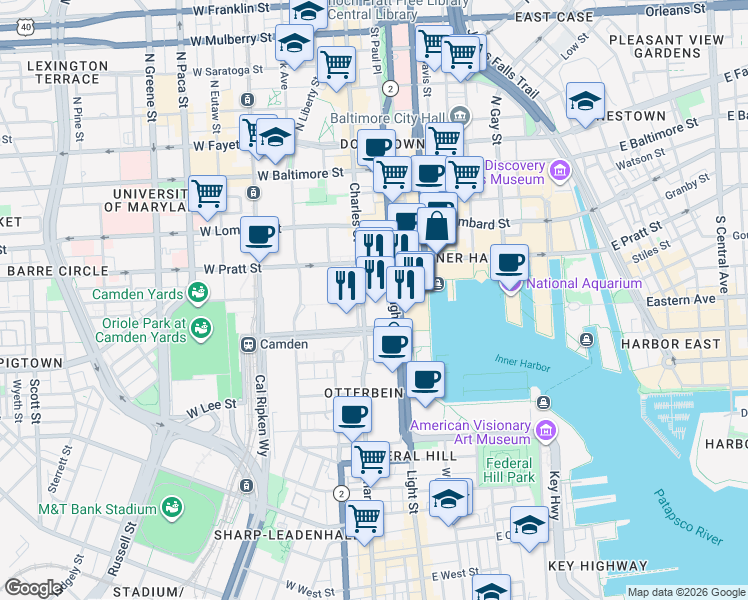 map of restaurants, bars, coffee shops, grocery stores, and more near 300 Light Street in Baltimore