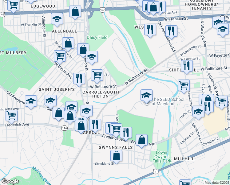 map of restaurants, bars, coffee shops, grocery stores, and more near 22 South Mount Olivet Lane in Baltimore