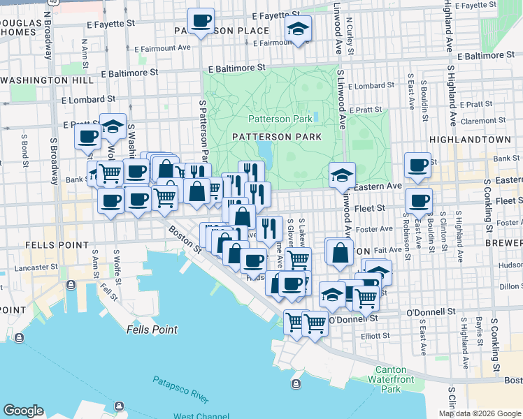 map of restaurants, bars, coffee shops, grocery stores, and more near 2510 Fleet Street in Baltimore