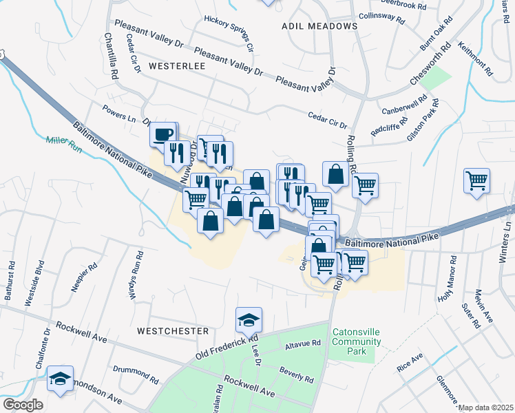 map of restaurants, bars, coffee shops, grocery stores, and more near 6436 Baltimore National Pike in Catonsville
