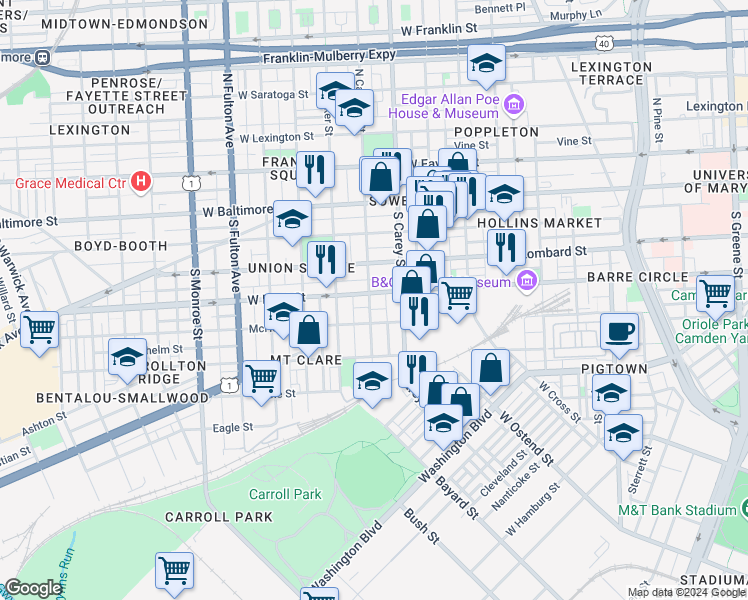 map of restaurants, bars, coffee shops, grocery stores, and more near 209 South Calhoun Street in Baltimore