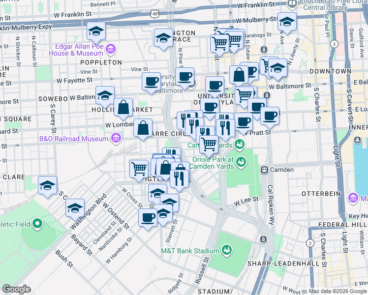 map of restaurants, bars, coffee shops, grocery stores, and more near 229 South Fremont Avenue in Baltimore