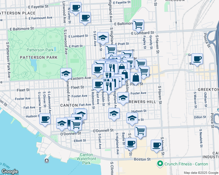 map of restaurants, bars, coffee shops, grocery stores, and more near 605 South Clinton Street in Baltimore