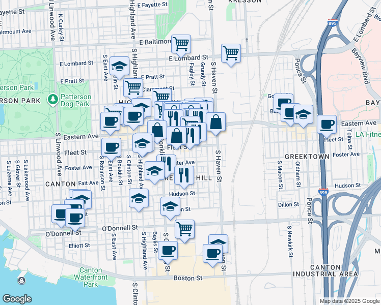map of restaurants, bars, coffee shops, grocery stores, and more near 3801 Fleet Street in Baltimore