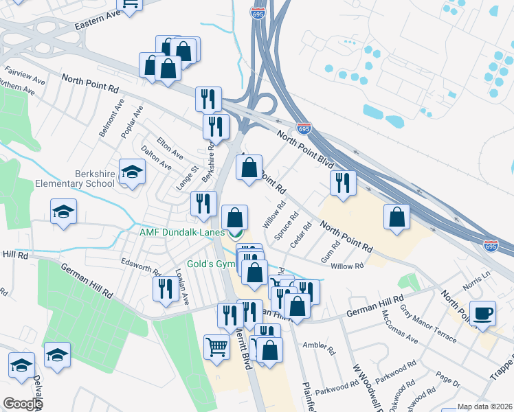 map of restaurants, bars, coffee shops, grocery stores, and more near 1123 North Point Road in Dundalk