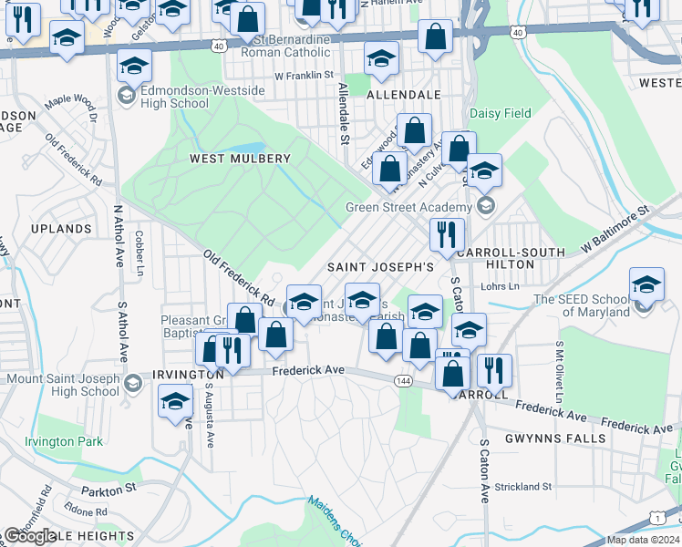 map of restaurants, bars, coffee shops, grocery stores, and more near 56 South Culver Street in Baltimore