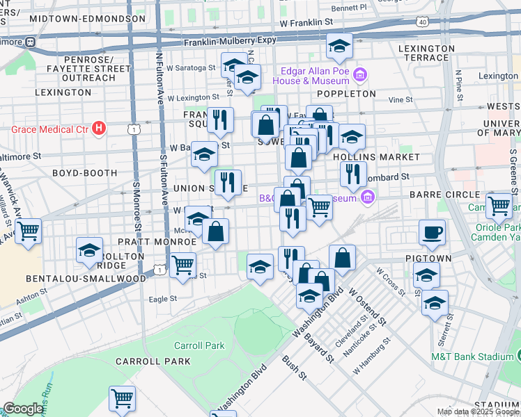 map of restaurants, bars, coffee shops, grocery stores, and more near 203 South Calhoun Street in Baltimore