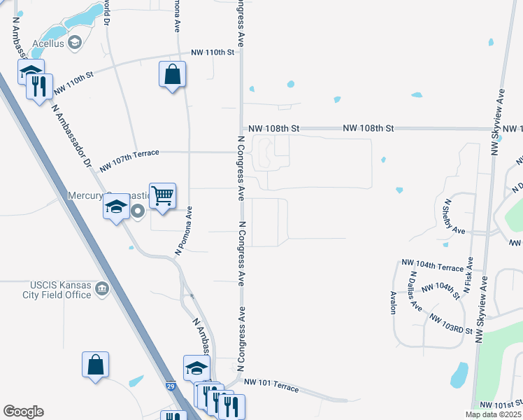 map of restaurants, bars, coffee shops, grocery stores, and more near 10551 North Congress Avenue in Kansas City