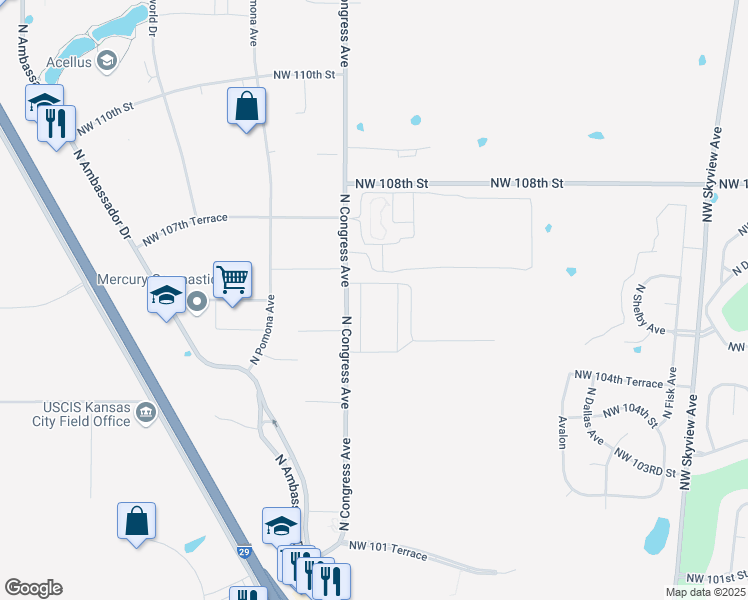 map of restaurants, bars, coffee shops, grocery stores, and more near 10551 North Congress Avenue in Kansas City