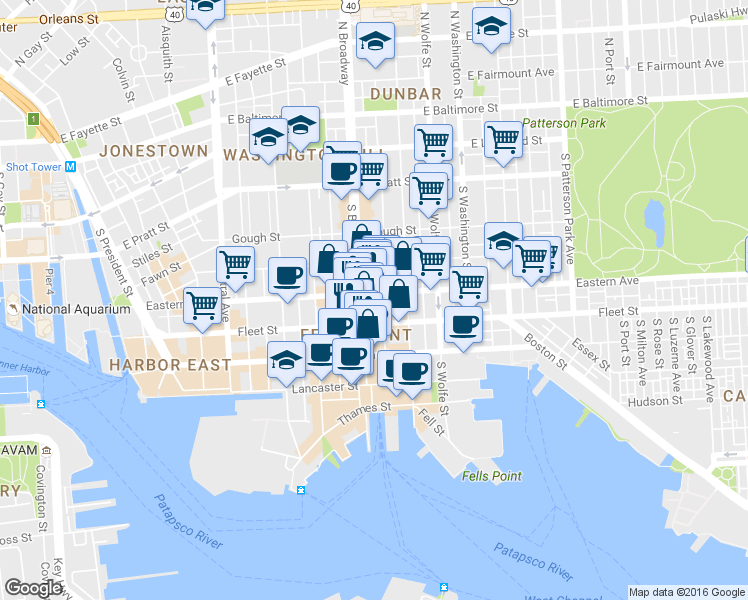 map of restaurants, bars, coffee shops, grocery stores, and more near 1705 Eastern Avenue in Baltimore