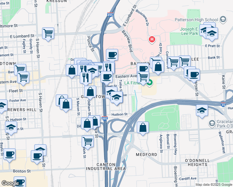 map of restaurants, bars, coffee shops, grocery stores, and more near 635 Savage Street in Baltimore