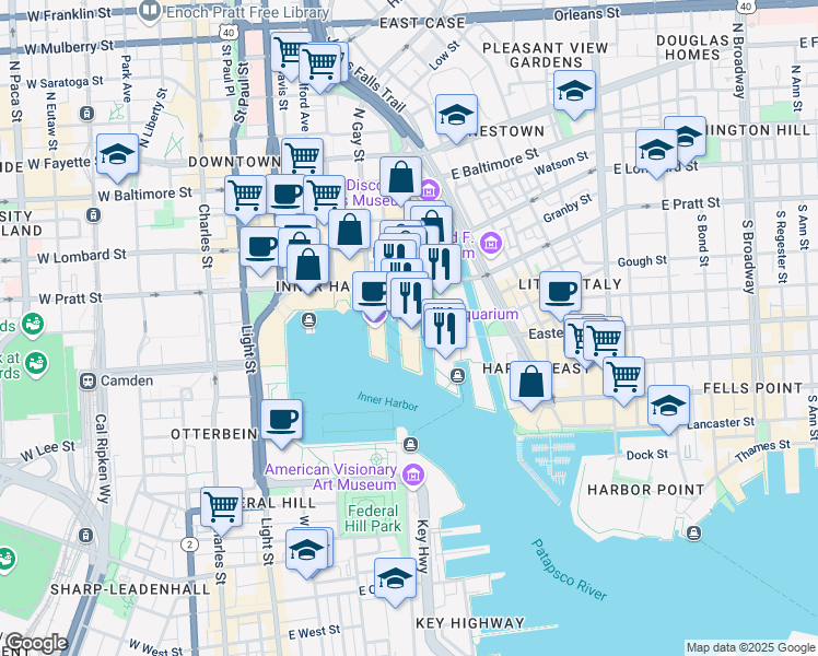 map of restaurants, bars, coffee shops, grocery stores, and more near 621 East Pratt Street in Baltimore