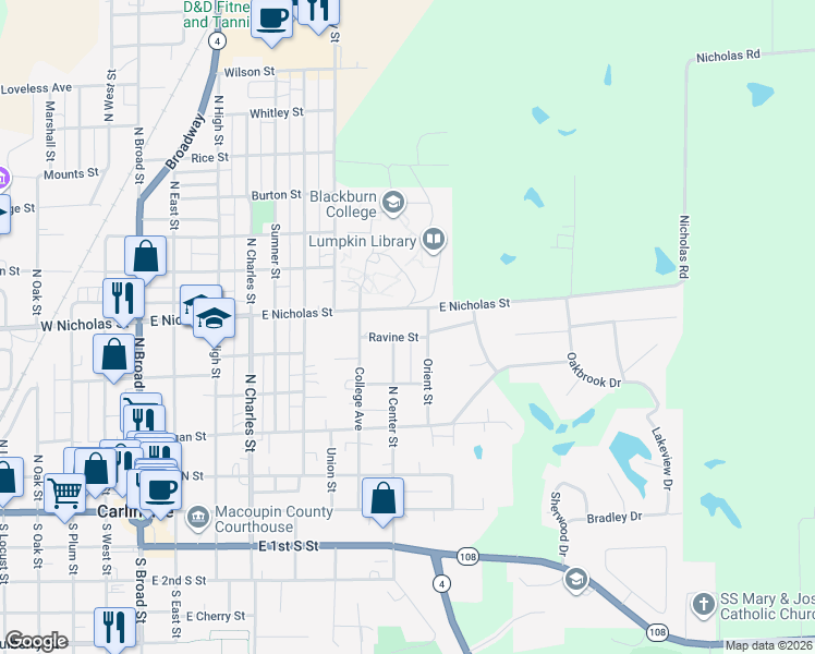 map of restaurants, bars, coffee shops, grocery stores, and more near 437 North Center Street in Carlinville