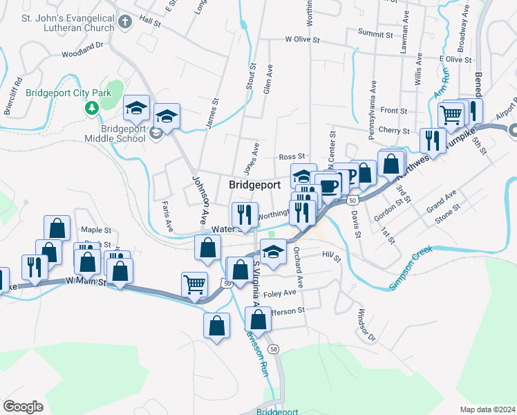 map of restaurants, bars, coffee shops, grocery stores, and more near 230 North Virginia Avenue in Bridgeport