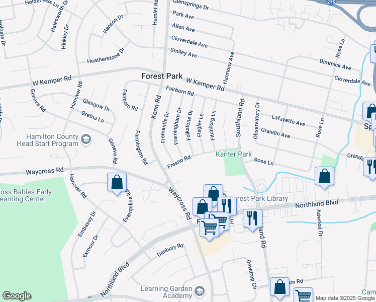 map of restaurants, bars, coffee shops, grocery stores, and more near 730 Fresno Road in Cincinnati