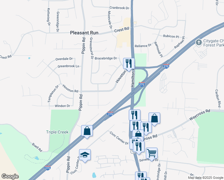 map of restaurants, bars, coffee shops, grocery stores, and more near 2457 Houston Road in Cincinnati