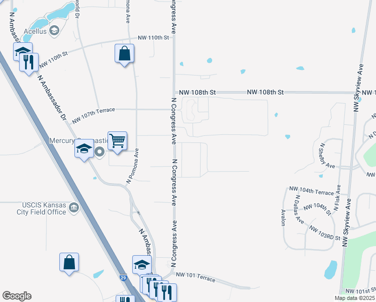 map of restaurants, bars, coffee shops, grocery stores, and more near 1055 North Congress Avenue in Kansas City