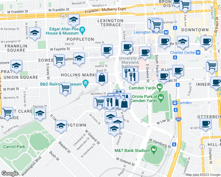 map of restaurants, bars, coffee shops, grocery stores, and more near Scott Street & Roundhouse Court in Baltimore