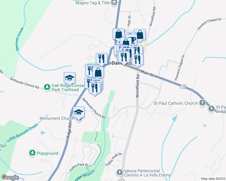 map of restaurants, bars, coffee shops, grocery stores, and more near 26105 Ridge Road in Damascus
