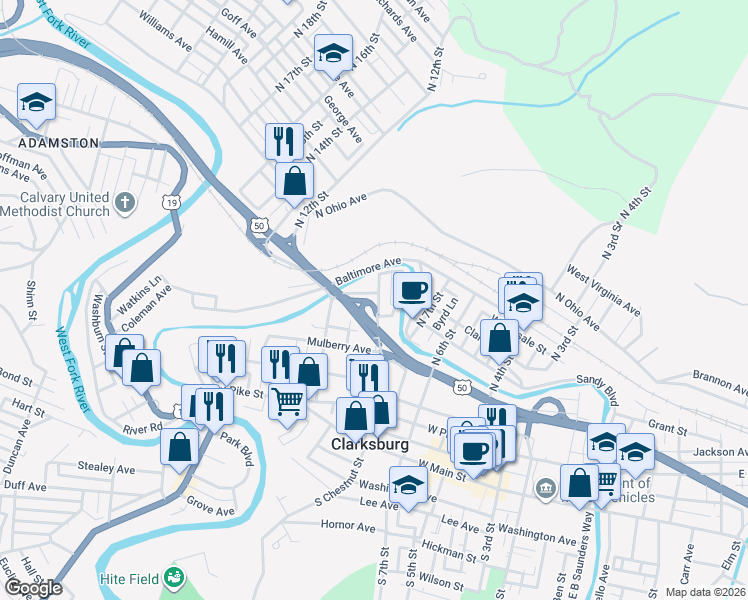 map of restaurants, bars, coffee shops, grocery stores, and more near Northwestern Turnpike in Clarksburg