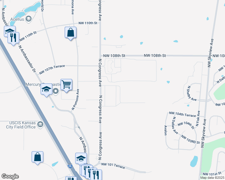 map of restaurants, bars, coffee shops, grocery stores, and more near 1055 North Congress Avenue in Kansas City