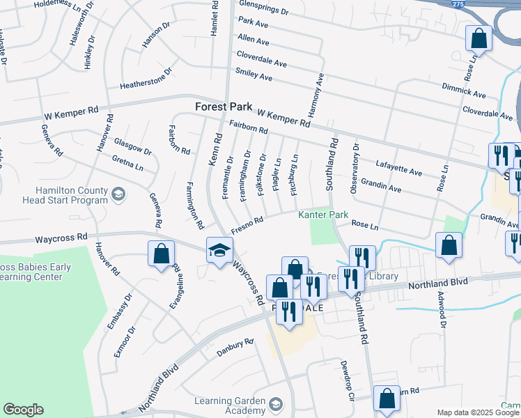 map of restaurants, bars, coffee shops, grocery stores, and more near 730 Fresno Road in Cincinnati