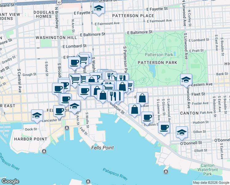 map of restaurants, bars, coffee shops, grocery stores, and more near 504 South Collington Avenue in Baltimore