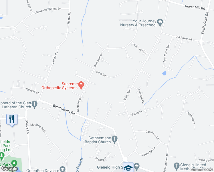 map of restaurants, bars, coffee shops, grocery stores, and more near 3314 Sang Road in Glenwood