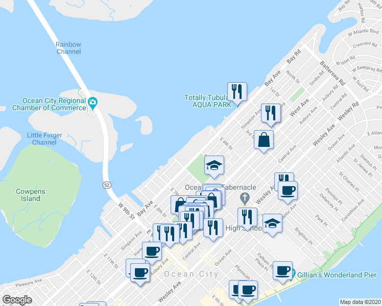 map of restaurants, bars, coffee shops, grocery stores, and more near 500 Bay Avenue in Ocean City