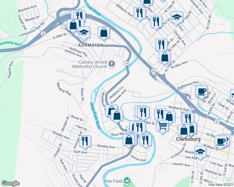 map of restaurants, bars, coffee shops, grocery stores, and more near 53 Watkins Lane in Clarksburg