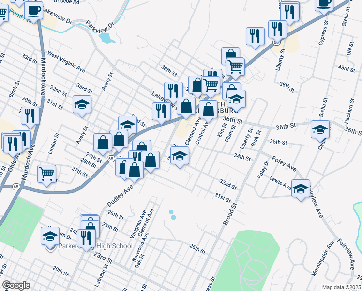 map of restaurants, bars, coffee shops, grocery stores, and more near 3209 Clement Avenue in Parkersburg