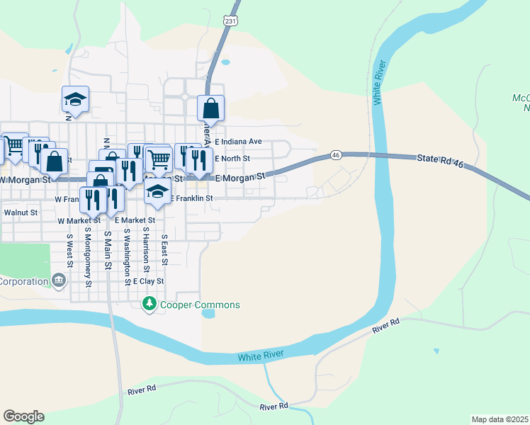 map of restaurants, bars, coffee shops, grocery stores, and more near 417 East Market Street in Spencer