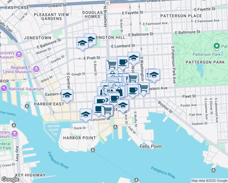 map of restaurants, bars, coffee shops, grocery stores, and more near 1701 Eastern Avenue in Baltimore