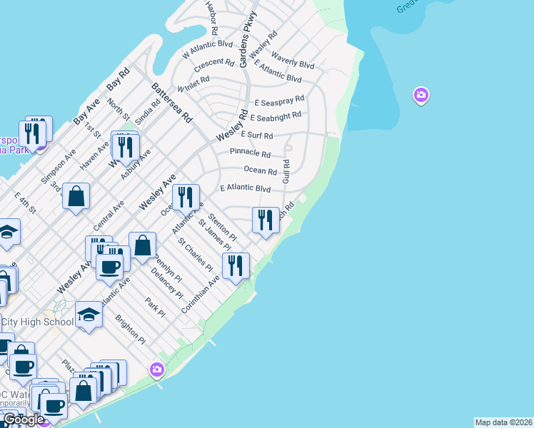 map of restaurants, bars, coffee shops, grocery stores, and more near 29 Gardens Road in Ocean City